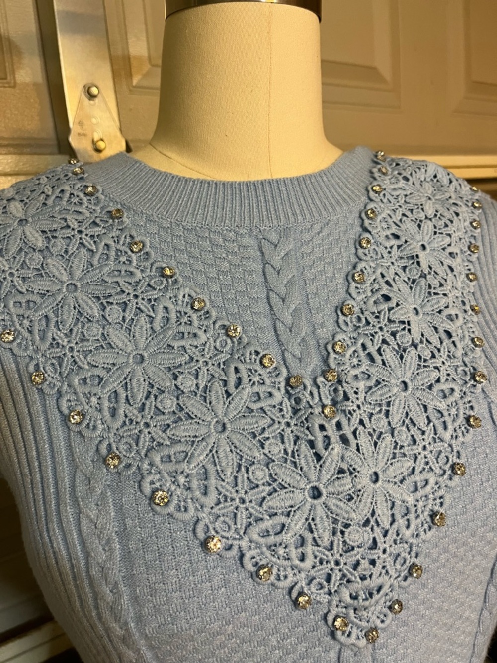 Women's Light Blue Crewneck Sweater with Lace-Appliqué and Rhinestones